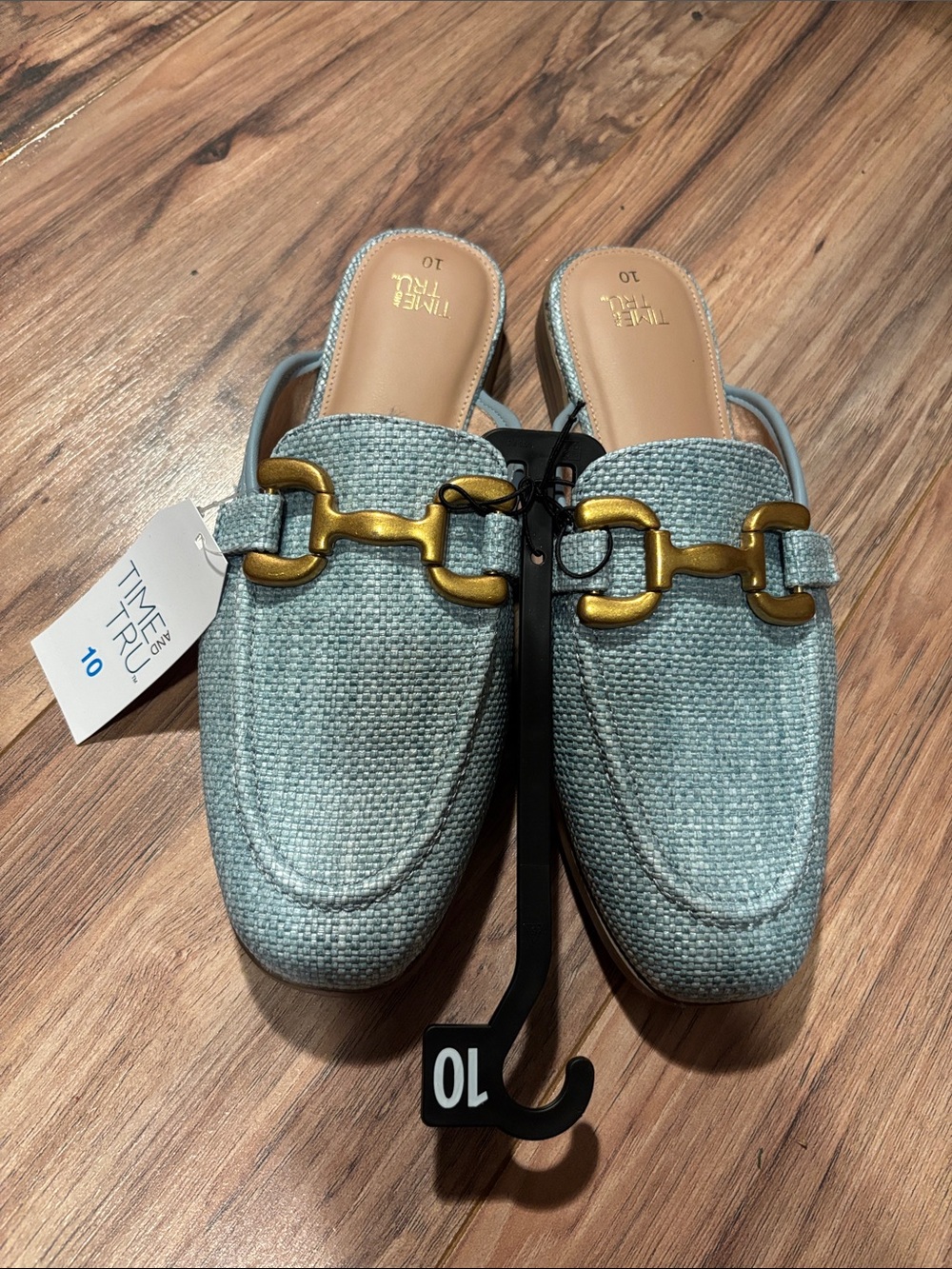 Time and Tru Light Blue Woven Slip-On Mules with Gold Hardware